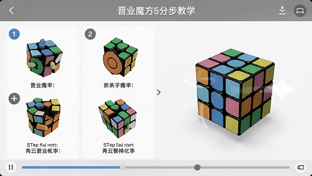晋业魔方5分步教学界面,展示魔方转动步骤与视频进度条,右侧有3D模型同步演示,界面带有步骤编号与文字说明,画质细腻,干净无多余元素