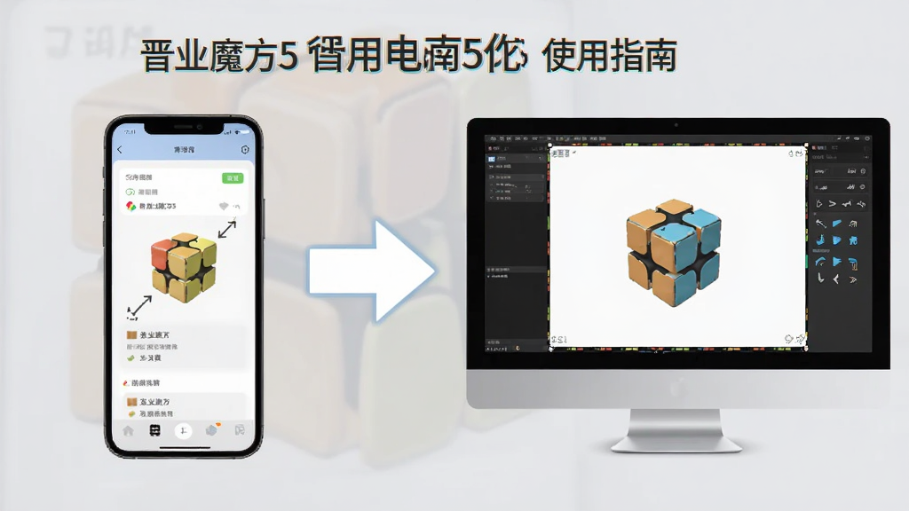 晋业魔方5使用指南插图,展示手机与电脑端操作对比,左侧手机界面,右侧电脑模拟器界面,中间有箭头连接,风格简洁明了,画质干净