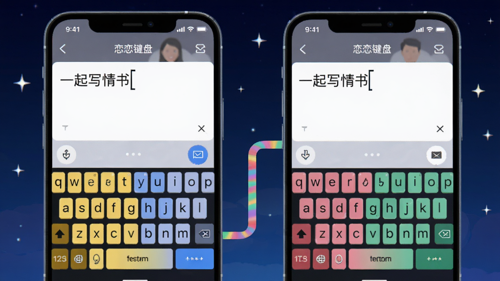 画面主体为两部并排的智能手机,屏幕中显示“恋恋键盘”的双人打字模式界面,上方为共享文本区域,下方为两套不同颜色的键盘。布局为两部手机各自显示半边键盘,中间用一条彩色连线连接。排版直观,风格为科技感插画,背景为深蓝色,点缀星光。细节包括屏幕上显示的“一起写情书”字样和光标闪烁效果。画质锐利干净,无多余元素。