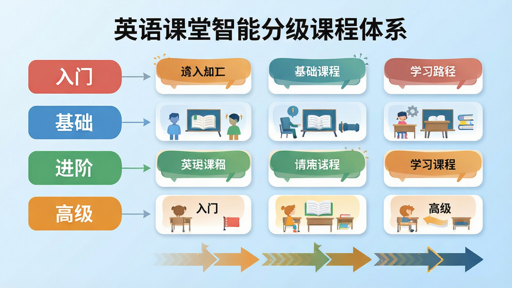 一张展示“英语课堂”智能分级课程体系的示意图,画面左侧是不同级别(入门、基础、进阶、高级)的彩色标签,右侧是对应的课程卡片,底部有学习路径箭头,背景为淡蓝色渐变,风格扁平化,排版清晰,细节丰富,画质干净无多余元素