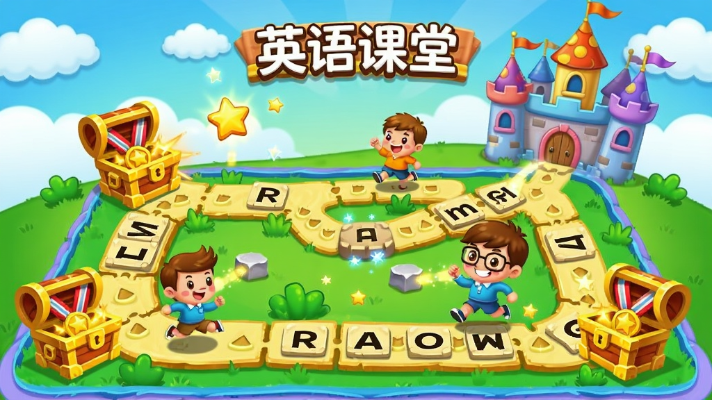 一张展示“英语课堂”游戏化学习场景的插画,画面中有卡通角色在单词闯关地图上奔跑,周围是宝箱、勋章和星星特效,背景为彩色城堡和云朵,风格活泼可爱,细节丰富,画质干净无多余元素