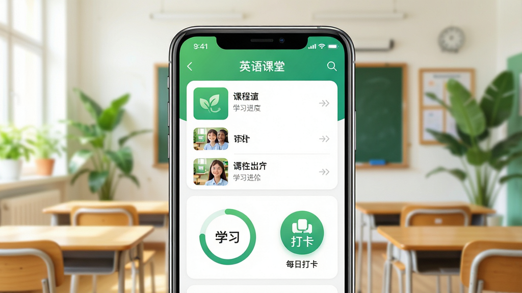 一幅展示“英语课堂”应用主界面的高清宣传图,画面中央是手机屏幕,界面显示课程列表、学习进度环和每日打卡图标,背景为明亮的教室和绿色植物,整体风格清新自然,色彩明快,细节丰富,画质干净无多余元素