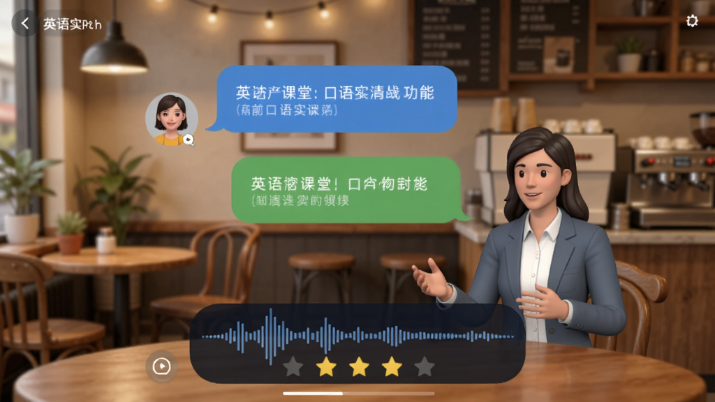 一张展示“英语课堂”口语实战功能的界面截图,画面中央是用户与虚拟外教的对话气泡,下方有语音波形和评分星星,背景为模拟咖啡馆场景,风格温馨,细节丰富,画质干净无多余元素