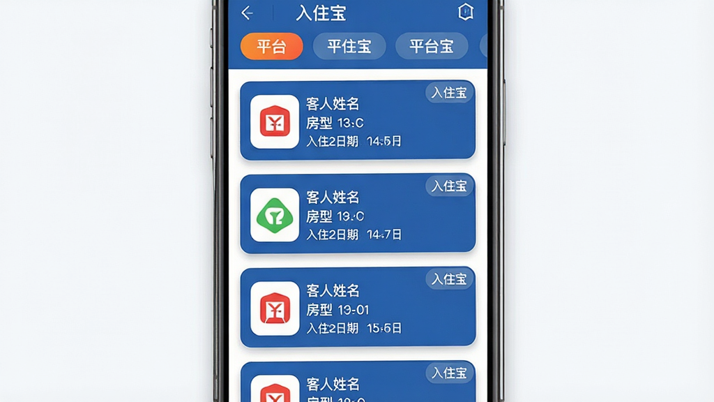 主体:入住宝APP订单聚合界面,多个平台订单以卡片形式纵向排列。布局:手机竖屏展示,顶部为平台筛选标签,下方为订单卡片流。排版:每张卡片显示平台logo、客人姓名、房型、入住日期。风格:商务蓝风格,卡片圆角阴影,平台logo彩色。细节:卡片右上角有“入住宝”小字标识。画质:清晰,干净无多余元素。