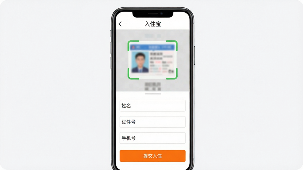 主体:入住宝APP入住登记操作页面,身份证扫描框与信息填写表单。布局:手机竖屏全屏展示,上半部分为身份证拍照预览区,下半部分为姓名、证件号、手机号输入框。排版:表单顶部有“入住宝”导航栏,操作按钮为橙色。风格:实用简洁,表单区域白色背景,按钮突出。细节:身份证照片模糊处理保护隐私,按钮文字“提交入住”。画质:1080P,干净无多余元素。