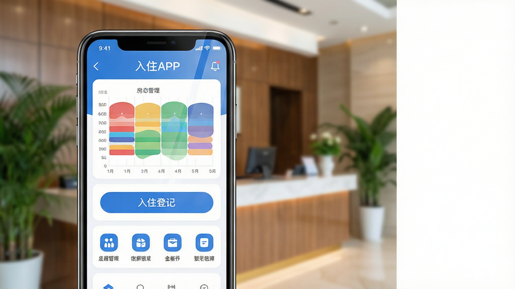 主体:入住宝APP界面在酒店前台场景中的展示,手机屏幕显示房态管理彩色图表与入住登记按钮。布局:手机位于画面中央偏左,背景为模糊的酒店大堂前台,右侧留有空白。排版:手机界面清晰可辨,前景有“入住宝”三个大字标题,下方排列功能图标。风格:现代简约商业风,明亮通透,色调以蓝白为主。细节:手机屏幕反光自然,界面图标圆润,背景有绿色植物点缀。画质:4K超清,干净无多余元素。