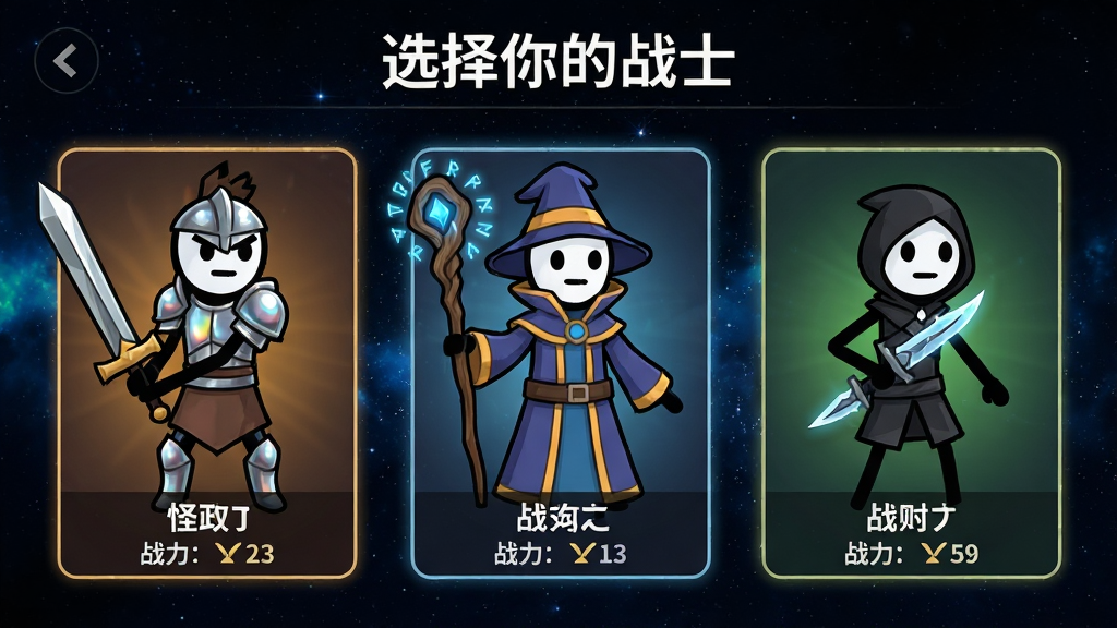 主体:《怪力火柴人》的角色选择界面。布局:界面采用横向排列的卡片式设计,展示了三个不同职业的火柴人角色,从左到右分别是持剑的战士、持法杖的法师和持匕首的刺客,每个角色下方有名字和战力值。排版:界面顶部中央有“选择你的战士”标题,背景是深邃的星空,角色卡片有淡淡的发光边框。风格:科幻与奇幻结合的游戏UI设计,简洁明了。细节:每个角色的服装和武器纹理清晰,战士的铠甲有反光,法师的法杖有符文流动,刺客的匕首有冷光。画质:界面清晰,色彩层次丰富,无多余UI元素。