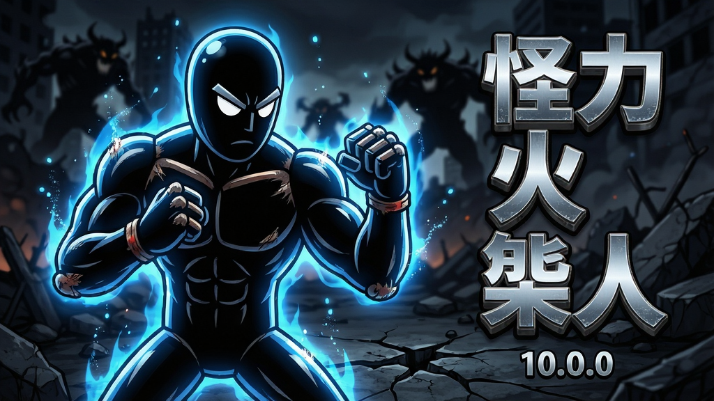 主体:《怪力火柴人》游戏主视觉图,一个肌肉发达、眼神坚毅的火柴人主角摆出格斗起手式,全身散发蓝色能量光芒。布局:主角位于画面中央偏左,右侧留白处用粗体艺术字书写游戏名称“怪力火柴人”;背景是暗色系的废墟城市战场,远处有模糊的怪物剪影。排版:游戏名称为纵向排列,字体为带有金属质感的立体字,下方有“10.0.0”版本号小字。风格:日系热血格斗漫画风格,线条硬朗,色彩对比强烈,光影效果明显。细节:主角的关节处有细微的磨损痕迹,地面有碎石和裂纹,能量光芒呈现出粒子效果。画质:4K超高清渲染,画面干净锐利,无多余元素。