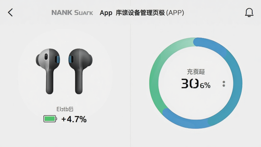 主体为NANK南卡APP设备管理页面截图,左侧显示耳机图标和电量百分比,右侧为充电仓电量环形图,背景为浅灰色,页面布局简洁,功能分区明确,风格清爽,细节丰富,画质清晰,无多余元素