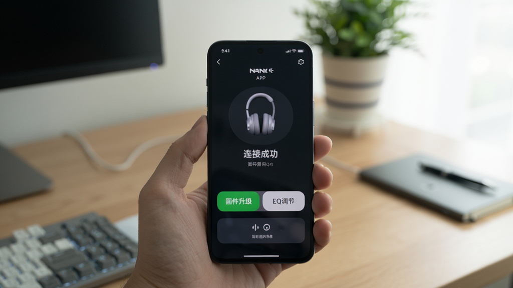 主体为一部手机正在运行NANK南卡APP的截图,屏幕显示耳机连接成功界面,下方有“固件升级”“EQ调节”等按钮,背景为室内桌面,光线柔和,风格自然,细节清晰,画质高清,无多余元素