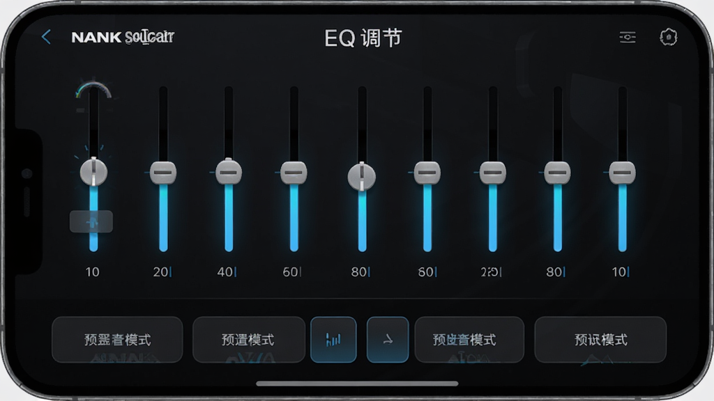 主体为NANK南卡APP的EQ调节界面,中央为10段均衡器滑块,上下滑动可调整增益,下方为预设模式按钮,背景为深色,滑块带有发光效果,整体风格科技感强,细节精致,画质高清,无多余元素