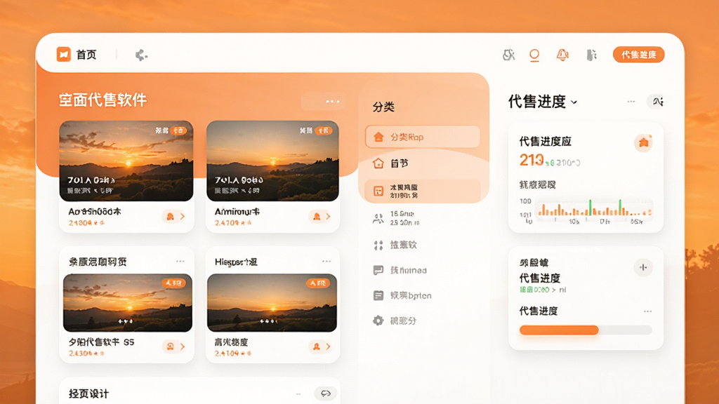 夕阳代售软件主界面预览图,展示首页推荐、分类导航和代售进度卡片,布局简洁明快,以暖橙色为主色调,配以白色背景和圆角卡片设计,现代扁平化风格,界面细节清晰,画质干净,无多余元素