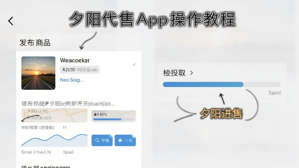 夕阳代售App操作教程截图,展示发布商品页面和进度条,背景为浅灰色,界面元素清晰,配以文字标注,画质干净,无多余元素