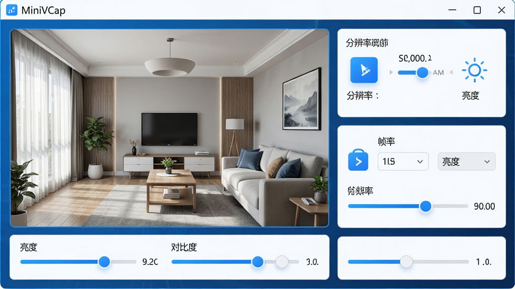 主体:MiniVCap(摄像头监控软件)的摄像头画面采集功能展示。布局:画面左侧为高清摄像头预览窗口,右侧为分辨率调节、帧率设置等参数面板,下方为画面亮度、对比度调节滑块。排版:参数面板采用卡片式布局,图标清晰,文字标注“分辨率”“帧率”“亮度”等。风格:科技蓝风格,界面干净明亮。细节:预览窗口中显示一个客厅场景,画面细腻锐利,参数调节滑块带有数字指示。画质:超清渲染,细节丰富,无多余元素。