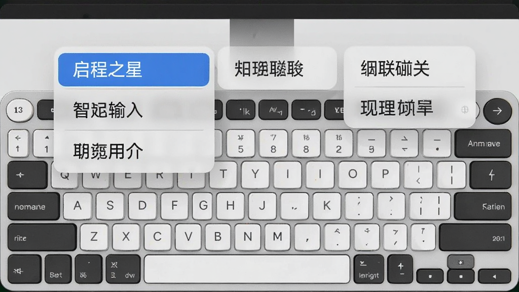 一张展示启程输入之星智能联想功能的截图,画面中键盘上方弹出多个候选词,其中第一个词被高亮选中,背景为淡灰色,主体为键盘和候选词条,布局采用左右结构,风格写实,细节突出候选词的智能关联性,画质清晰干净,无多余元素。