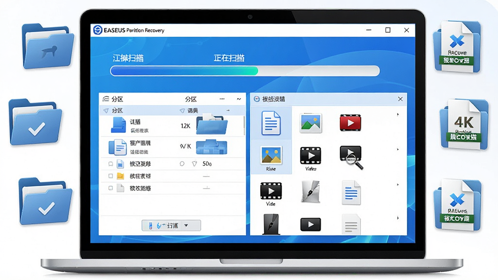 主体:一台笔记本电脑屏幕上显示EASEUS Partition Recovery软件界面,界面中有分区扫描进度条和恢复文件列表。布局:电脑位于画面中央,屏幕内容清晰可见,周围有散落的文件夹图标和恢复成功的文件缩略图。排版:屏幕界面占据画面主要部分,左侧为分区列表,右侧为文件预览区域。风格:现代科技感,蓝白配色,界面干净整洁。细节:扫描进度条显示“正在扫描”,恢复文件列表中有文档、图片、视频等图标。画质:4K高清,光线明亮,细节丰富,无多余元素。