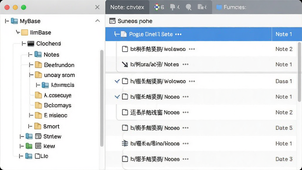MyBase树形目录结构示意图,左侧为多层级分类列表,右侧为选中分类下的笔记列表,界面清晰,层级分明,风格简洁,画质干净。