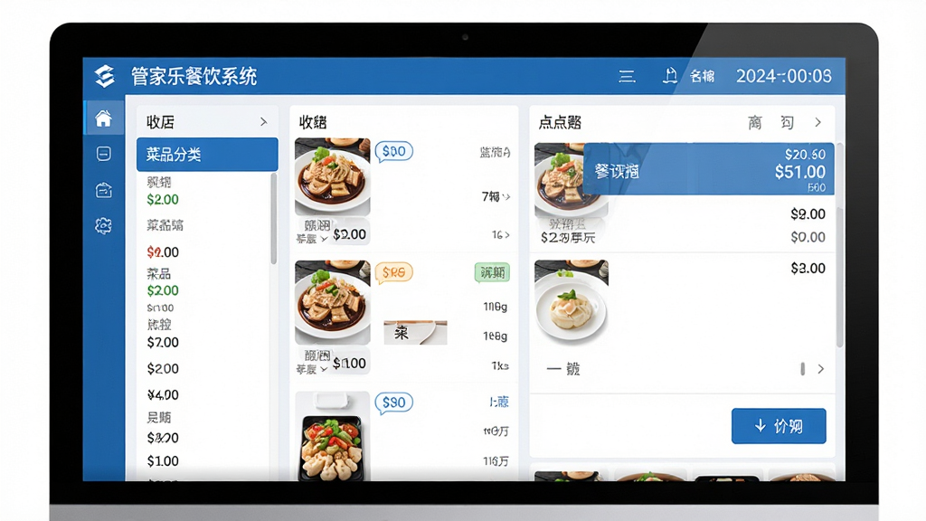 一张高清的管家乐餐饮系统软件主界面截图风格图片,主体是电脑屏幕中展示的收银台界面,布局清晰,左侧为菜品分类列表,右侧为点餐购物车,顶部显示门店名称与日期时间,整体风格简洁商务,色彩以蓝色和白色为主,细节包括菜品缩略图、价格标签,画质清晰,干净,无多余元素