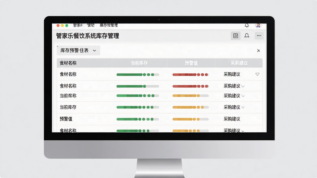 生成一张管家乐餐饮系统库存管理界面预览图,主体是电脑屏幕上显示的库存预警列表,表格中列出食材名称、当前库存、预警值和采购建议,布局规整,风格简洁商务,背景为浅灰色,细节包括进度条和颜色标识,画质清晰,干净,无多余元素