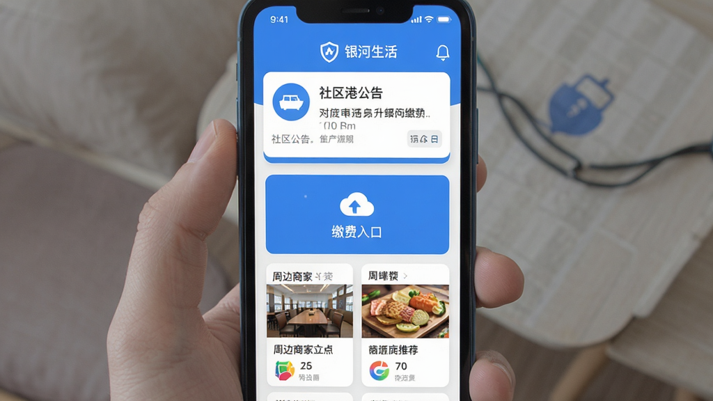 银河港生活App主界面展示,手机屏幕内显示社区公告、缴费入口、周边商家推荐等模块,整体采用蓝白配色,扁平化设计风格,界面干净整洁,图标清晰,画质高清,无多余元素。