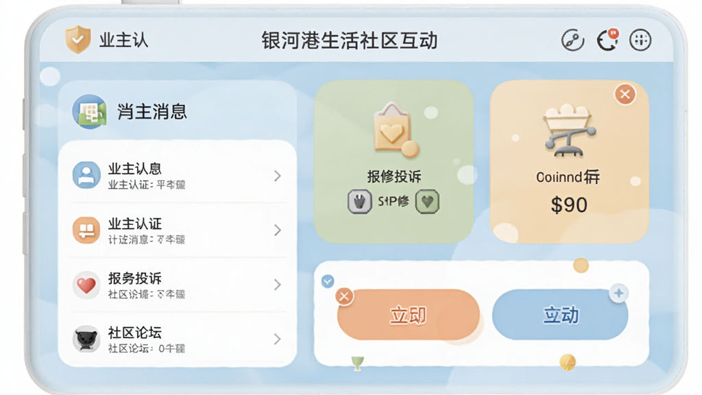 银河港生活社区互动功能界面,展示业主认证、报修投诉、社区论坛等模块,界面有消息列表和互动按钮,设计温馨,色彩柔和,画质高清,干净无多余元素。