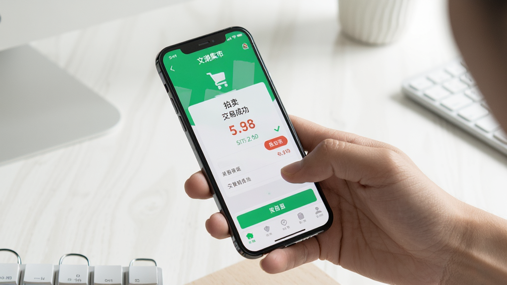 一张展示用户正在使用手机操作文潮集市APP的实拍图,手机屏幕上显示出交易成功或拍卖出价的界面,背景是简洁的桌面环境,画面干净明亮,重点突出手机屏幕上的软件界面,画质清晰无多余元素