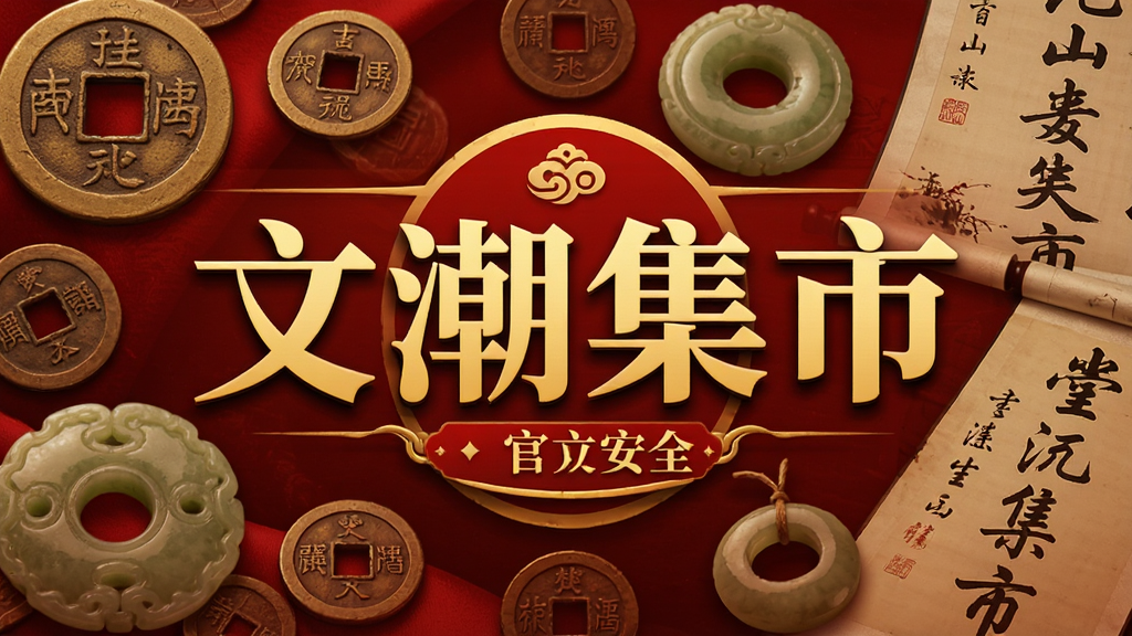 一张展示文潮集市APP特色的宣传横图,主视觉是金色与红色为主色调,画面中央是