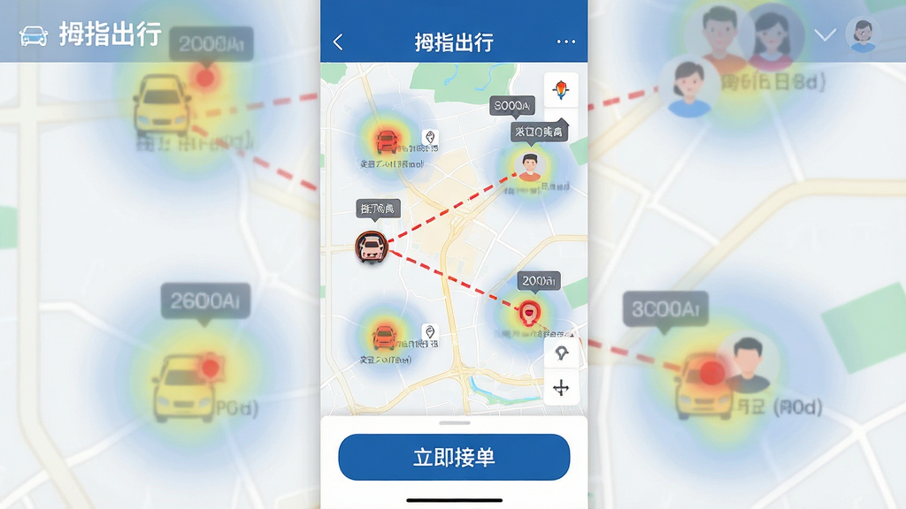画面主体为“拇指出行”应用内的智能派单界面,显示地图上多个订单热点区域,并有红色虚线连接司机位置与乘客位置。界面下方有“立即接单”按钮。布局为全屏地图模式,地图居中,按钮醒目。排版清晰,信息层级分明。风格扁平化设计,色彩鲜明,细节包括车辆图标、用户头像、距离标签等,画质高清,干净无多余元素。