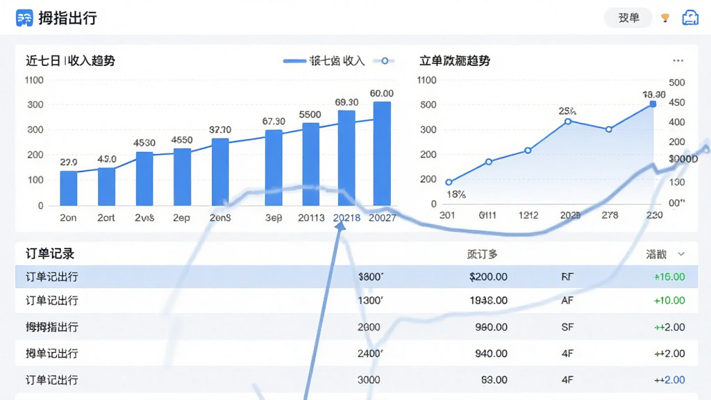 画面主体为“拇指出行”收益统计页面,以柱状图与折线图展示近七日收入趋势,下方列出订单记录列表。布局为图表在上,列表在下,整体居中。风格商务简洁,配色以蓝色系为主,细节包括数字标注、日期标签等,画质高清,干净无多余元素。