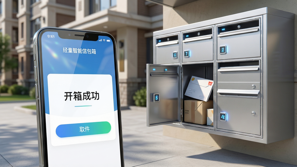 主体:经童智能信包箱App界面与智能信包箱实体交互场景,前景为手机屏幕显示“开箱成功”提示,背景为社区楼栋下的银色智能信包箱阵列。布局:手机居中偏左,信包箱居右,形成对角线构图,视觉平衡。排版:手机界面清晰展示“经童智能信包箱”字样与取件按钮,信包箱上有编号灯闪烁。风格:现代科技感,干净明亮,写实渲染。细节:手机屏幕反射微光,信包箱门微微打开,内有一封信件和一个小包裹,地面有柔和阴影。画质:4K超清,干净,无多余元素。