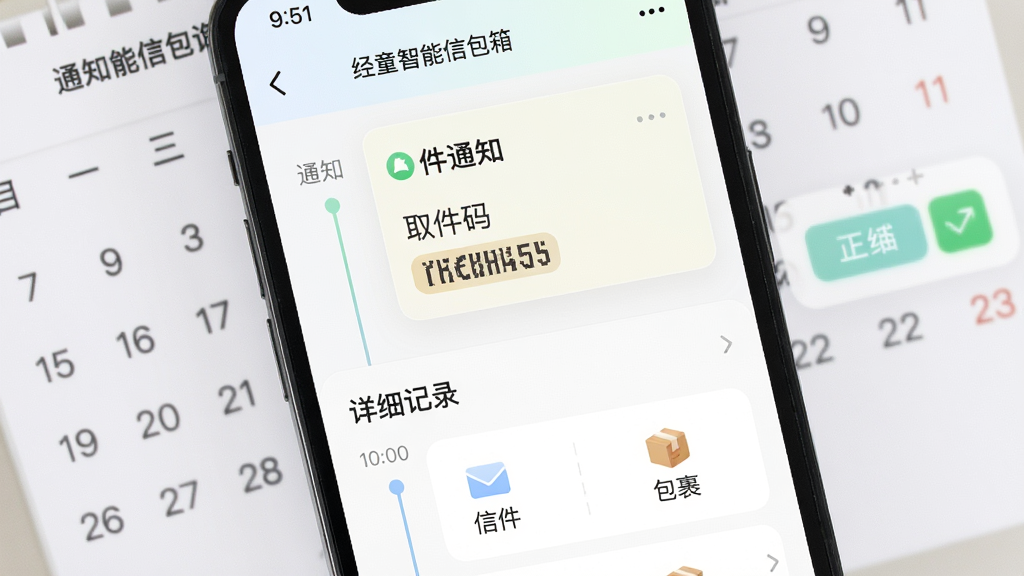 主体:经童智能信包箱App通知与记录查询界面,手机屏幕显示一条取件通知列表和详细记录,背景有日历和筛选按钮。布局:手机居中,屏幕内容分为上下两栏,上栏通知,下栏记录。排版:通知卡片式排列,时间线清晰,颜色柔和。风格:清新简洁,信息层级分明。细节:通知有“取件码”高亮,记录有“信件”“包裹”图标区分。画质:高清,干净,无多余元素。