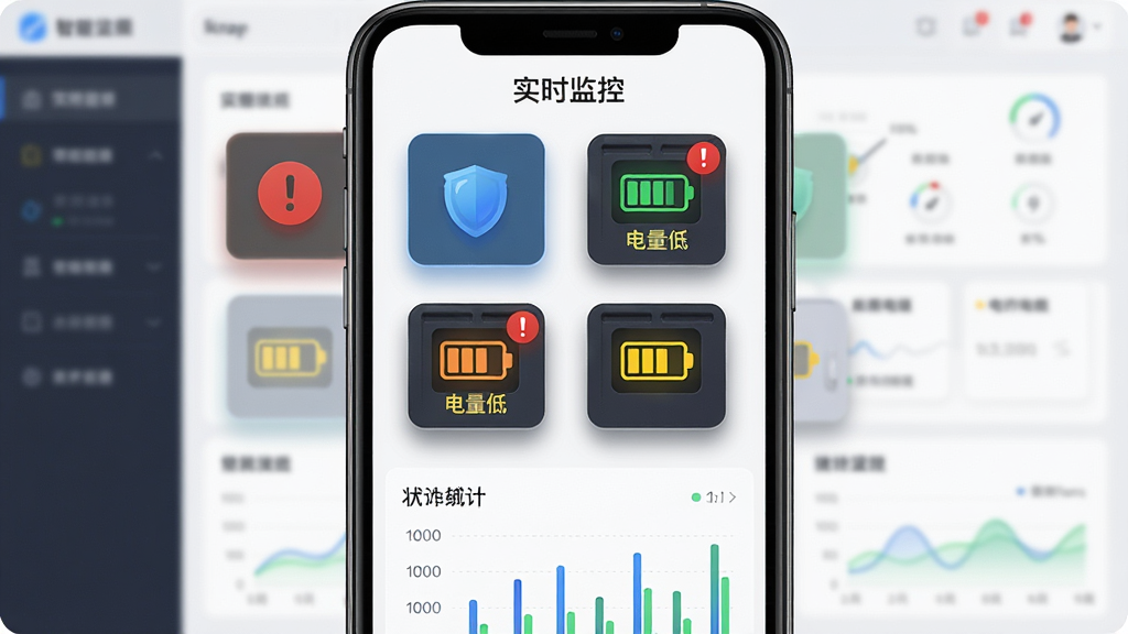 主体:经童智能信包箱App状态监控界面,手机屏幕显示多个信包箱的实时状态图标,颜色各异,背景为简洁的仪表盘风格。布局:手机居中,屏幕内容占主体,下方有统计图表。排版:状态图标以网格排列,颜色区分明显,顶部有“实时监控”标题。风格:数据可视化风格,现代简约。细节:每个图标有阴影和光效,异常状态有红色感叹号,电量低显示黄色电池图标。画质:清晰锐利,干净,无多余元素。