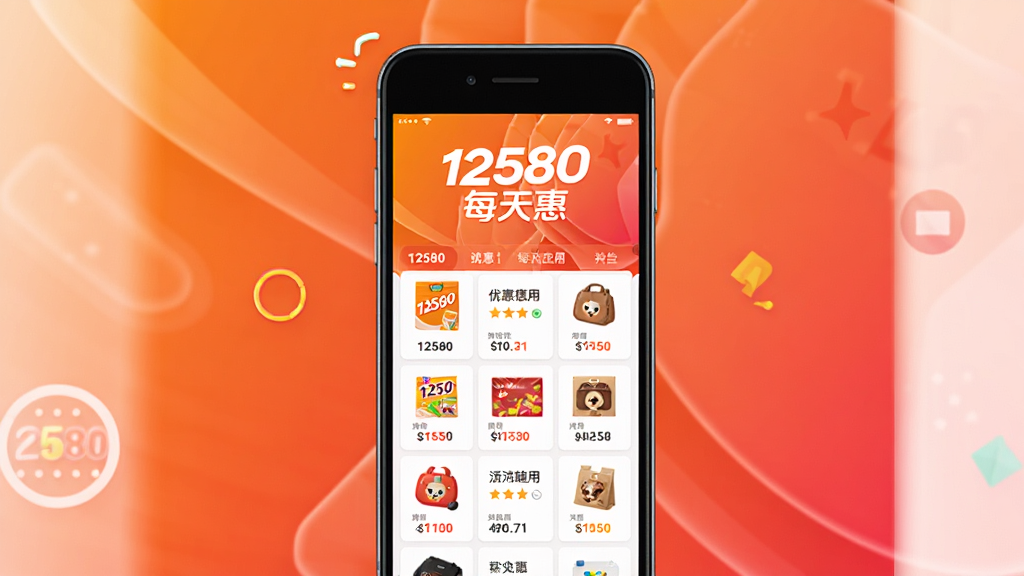 图片展示12580每天惠应用主界面,背景为渐变的橙色到红色,中央位置放置手机模型,屏幕上显示“12580每天惠”的logo和各类优惠商品列表,整体风格活泼明亮,扁平化设计,细节精致,画质高清干净,无多余元素