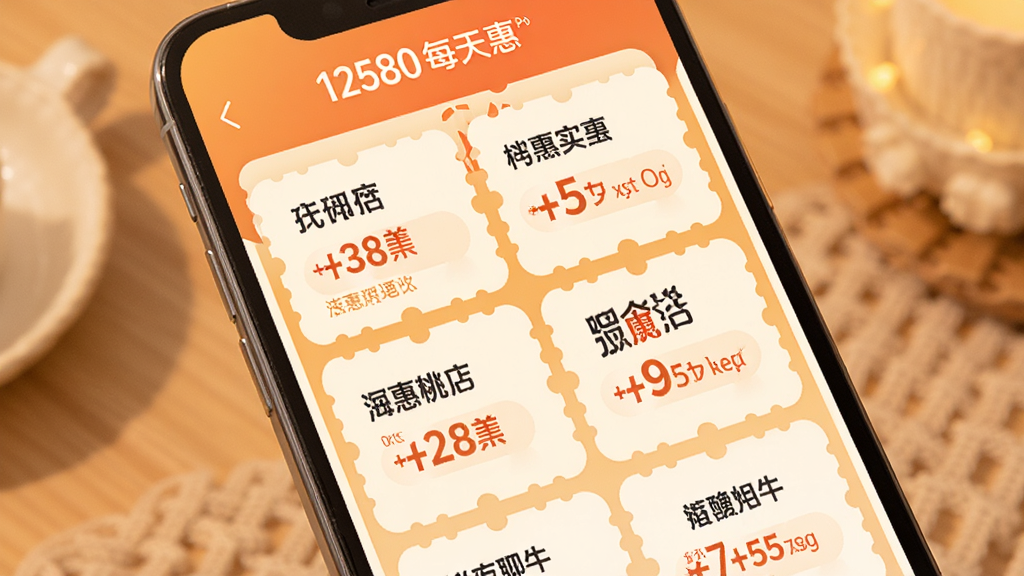 展示12580每天惠的每日特惠页面,手机屏幕中显示多张优惠券卡片,每张卡片上有商家名称和折扣信息,背景为暖色调,卡片采用圆角设计,整体布局整齐,风格温馨,画质清晰干净,无多余元素