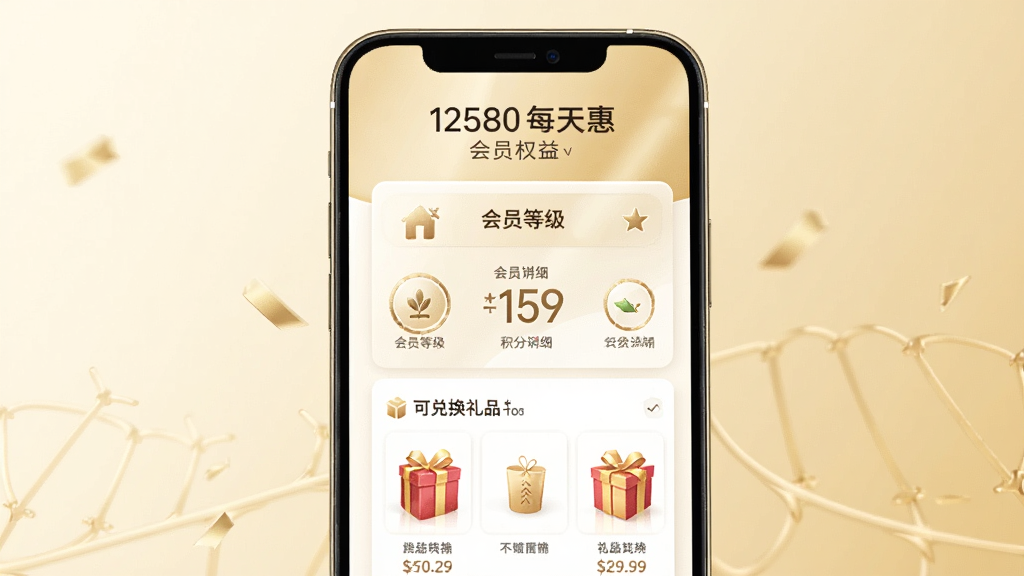 展示12580每天惠的会员权益页面,手机屏幕中显示会员等级、积分明细和可兑换的礼品列表,背景为淡金色,设计高贵典雅,图标精美,整体风格高端大气,画质清晰干净,无多余元素