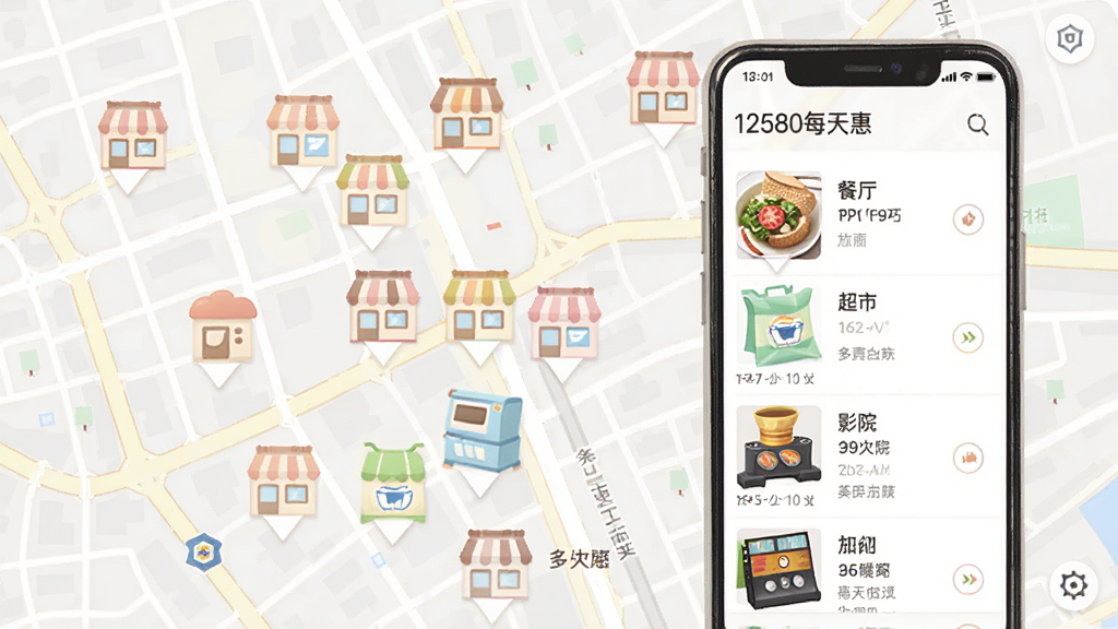 展示12580每天惠的本地生活服务页面,背景为城市地图,上面分布着各种商店图标,手机屏幕中显示附近商家列表,包括餐厅、超市、电影院等,整体风格简洁明快,色彩柔和,细节丰富,画质高清,无多余元素