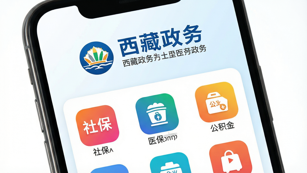 西藏政务app主界面展示,手机屏幕上方显示“西藏政务”蓝色logo和藏汉双语标题,下方排列社保、医保、公积金等彩色功能图标,背景为简洁的白色和浅蓝色渐变,整体风格清新明亮,画质高清,干净无多余元素