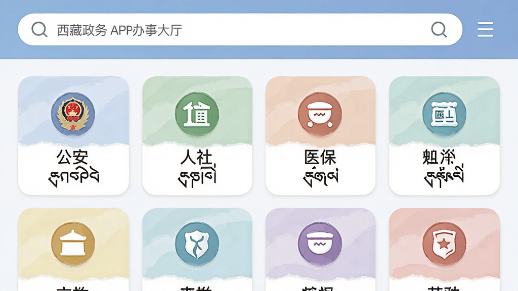 西藏政务app办事大厅页面,顶部为搜索栏,下方按部门分类展示服务图标,如公安、人社、医保等,每个图标下方有中文和藏文标签,界面采用卡片式布局,色彩柔和,画质清晰,无多余元素