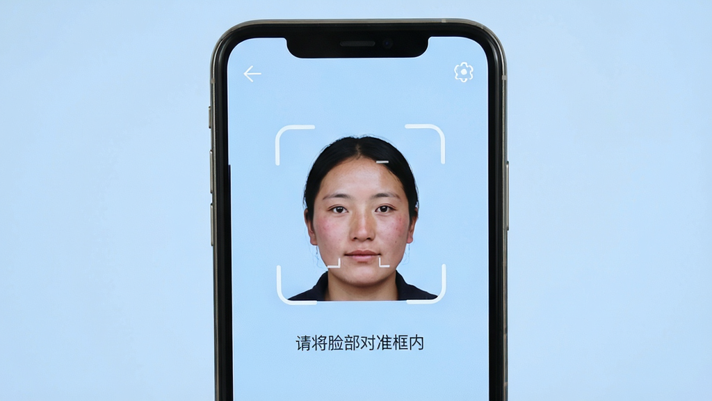 西藏政务app实名认证流程,手机屏幕展示人脸识别界面,面部扫描框居中,周围有“请将脸部对准框内”的提示文字,背景为浅蓝色,界面简洁明了,画质高清,无多余元素