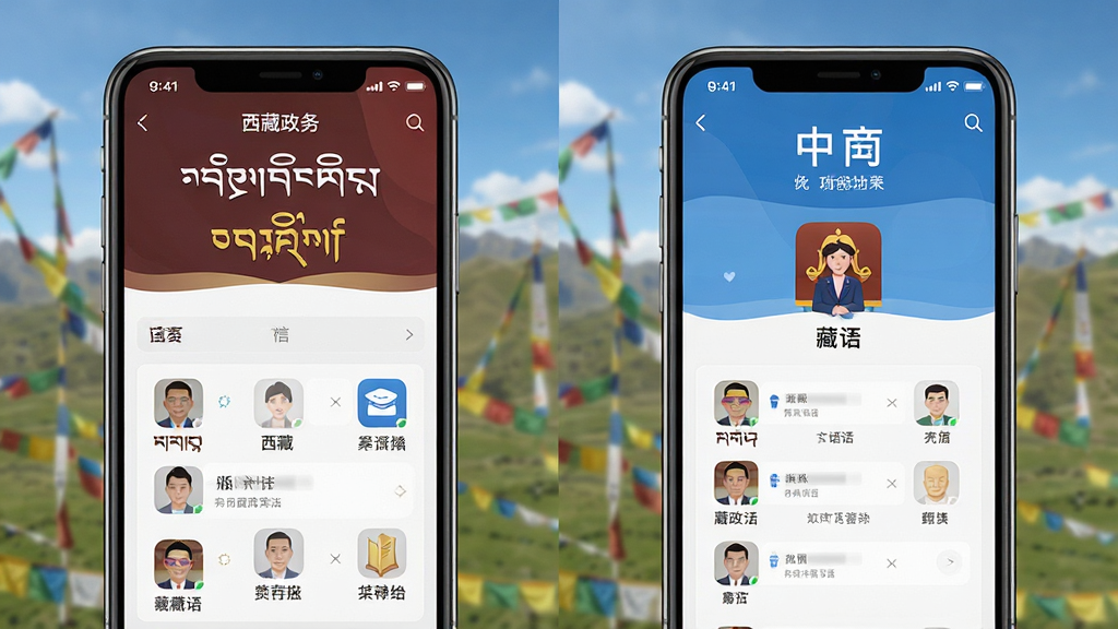 西藏政务app语言切换功能演示,手机屏幕左右分屏对比显示藏语和汉语界面,左侧为藏文版首页,右侧为中文版首页,两屏布局一致,色彩统一,画质干净,无多余元素