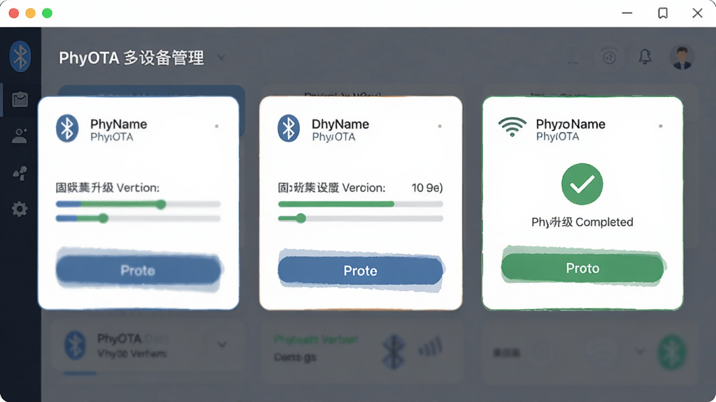 主体:PhyOTA软件多设备管理界面。布局:主界面中同时显示三个蓝牙设备的卡片,每张卡片包含设备名称、固件版本、升级按钮。排版:卡片式布局,整齐排列,每个卡片独立显示状态。风格:扁平化设计,色彩清新。细节:其中一张卡片显示升级进度条,另一张显示升级完成的对勾图标。画质:高清,干净,无多余元素。
