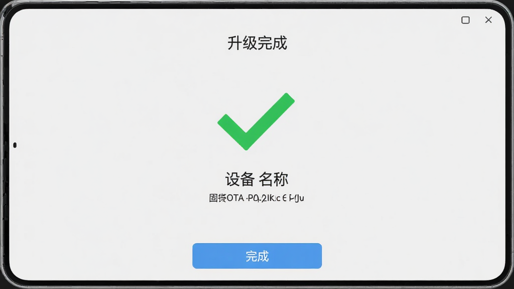 主体:PhyOTA软件升级成功界面。布局:屏幕中央显示大号绿色对勾,下方显示设备名称和固件版本号。排版:简洁居中,背景为浅灰色。风格:清新简约,无多余装饰。细节:顶部有“升级完成”字样,底部有“完成”按钮。画质:高清,干净,无多余元素。