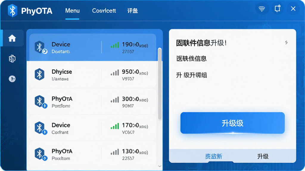 主体:PhyOTA软件主界面,展示蓝牙设备连接列表。布局:左侧为设备列表,右侧为固件信息与升级按钮。排版:清晰的功能分区,顶部为软件Logo与菜单栏。风格:现代科技感,界面简洁明亮,蓝色主色调。细节:设备列表中显示设备名称、信号强度图标、固件版本号,升级按钮高亮显示。画质:高清,干净,无多余元素。