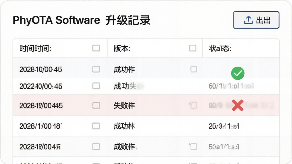 主体:PhyOTA软件升级记录页面。布局:表格形式展示多条升级记录,包含时间、版本、状态列。排版:简洁的表格,顶部有导出按钮。风格:商务简约风格,白底黑字。细节:其中一条记录状态为成功,绿色对勾;另一条为失败,红色叉号。画质:高清,干净,无多余元素。