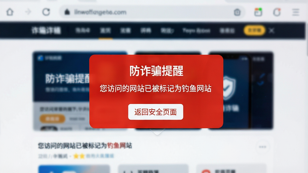 手机浏览器页面,屏幕中央弹出一个红色警告弹窗,标题为“防诈骗提醒”,内容显示“您访问的网站已被标记为钓鱼网站”,下方有“返回安全页面”按钮,背景为模糊的网页界面,整体风格写实,色彩醒目,画质细腻,干净无多余元素