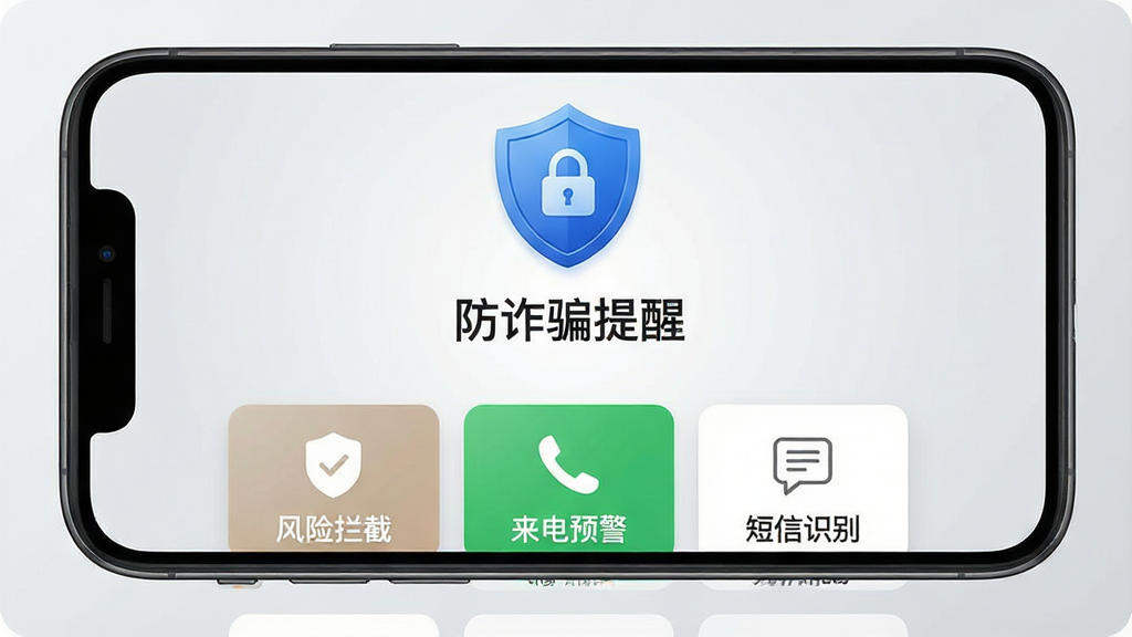 一张智能手机屏幕截图,屏幕中央显示“防诈骗提醒”应用主界面,界面以蓝色盾牌图标为主视觉,下方清晰显示“风险拦截”“来电预警”“短信识别”三个功能卡片,背景为简洁的浅灰色渐变,整体排版清晰现代,风格写实,细节丰富,画质干净,无多余元素