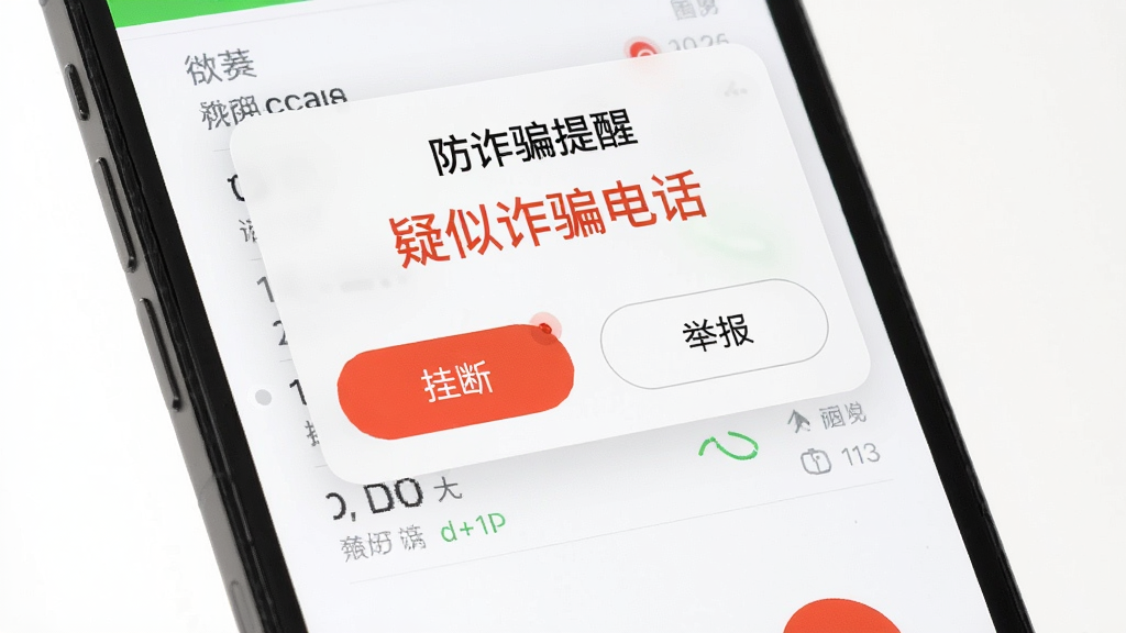 手机通话界面,上方显示“防诈骗提醒”悬浮窗,红色字体标注“疑似诈骗电话”,下方有“挂断”和“举报”两个按钮,背景为通话记录列表,界面风格简洁明亮,细节真实,画质清晰,干净无多余元素