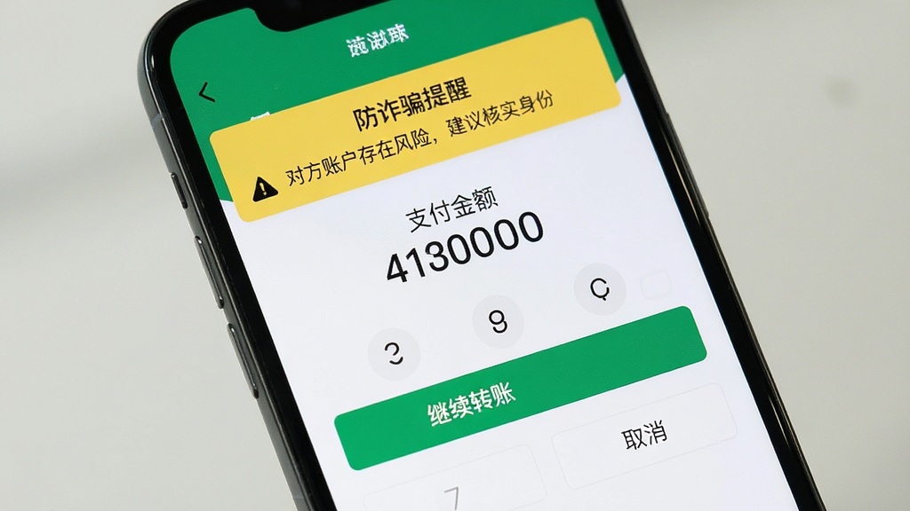 手机支付界面,显示转账金额,屏幕上方出现“防诈骗提醒”黄色警示条,文字为“对方账户存在风险,建议核实身份”,下方有“继续转账”和“取消”按钮,背景为支付密码输入框,界面清晰写实,画质干净,无多余元素