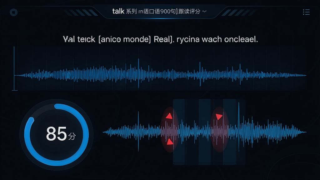 主体:talk系列英语口语900句的跟读评分界面,显示波形图和评分结果;布局:居中构图,上方为句子原文,下方为评分圆环和波形图;排版:数据可视化清晰,色彩醒目;风格:科技感设计,深色背景配蓝色高亮;细节:评分圆环显示85分,波形图中有红色标记的发音偏差;画质:高清,干净,无多余元素