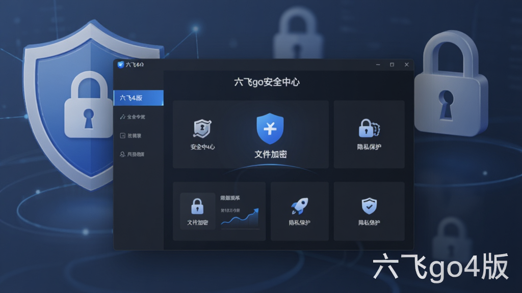 六飞go4版数据安全守护功能预览,界面展示文件加密和隐私保护功能,背景为盾牌与锁形图标,主体为软件安全中心界面,布局规整,风格沉稳,细节精致,画质干净,带有